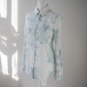 Cottage White Blue Floral Embroidered Eyelet Lace Women's Collared Button Shirt